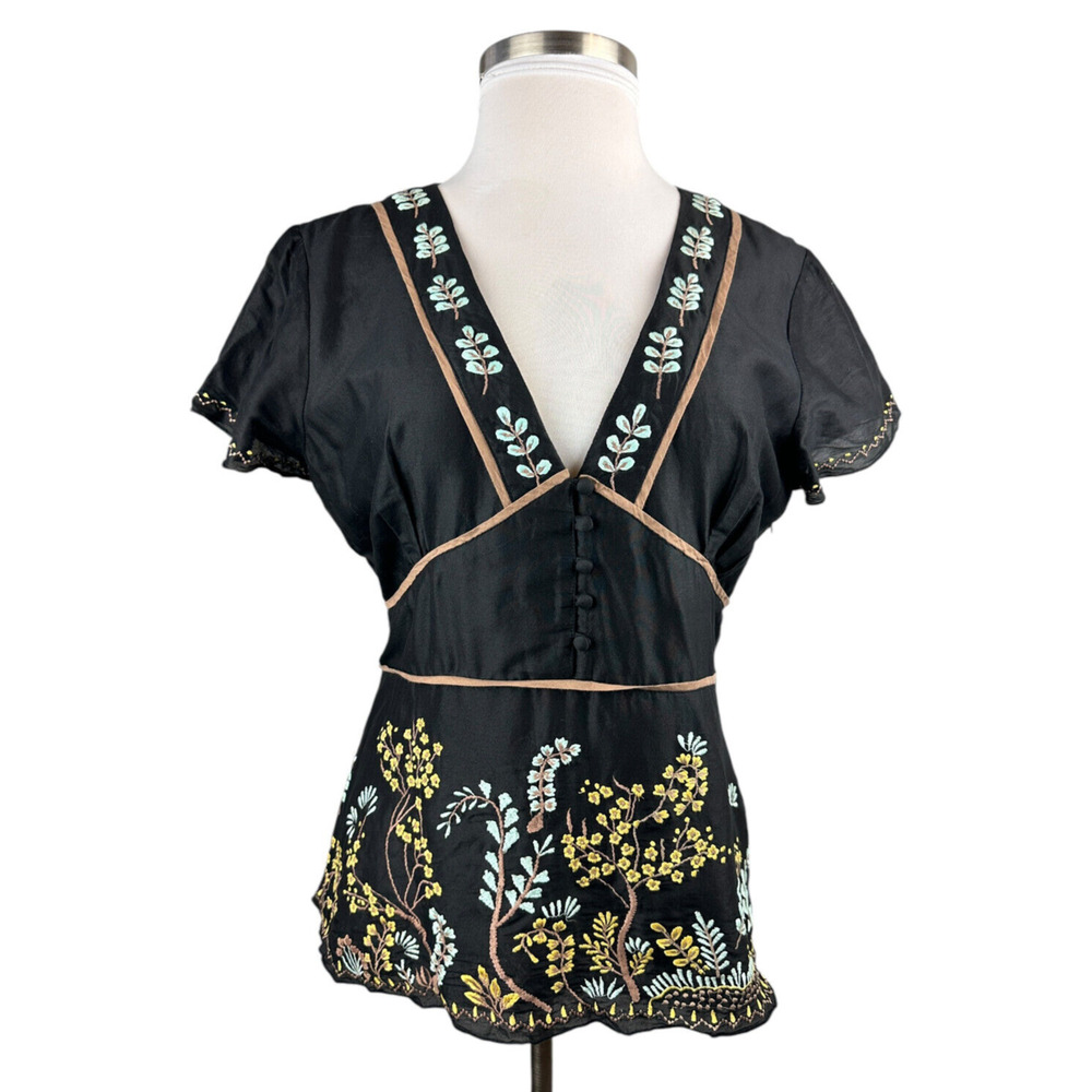 Sundance Embroidered Blouse Floral Deep V-Neck Button Peasant Top Black Size 16 - Picture 2 of 10